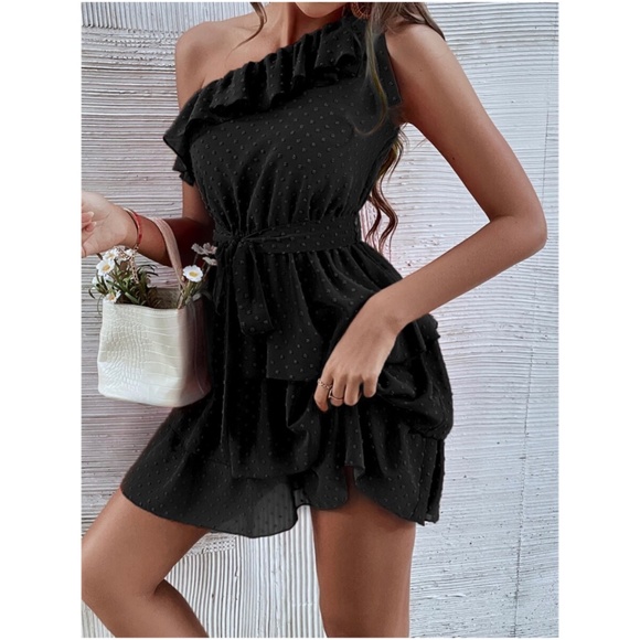 Boho Swiss dot One Shoulder Ruffle Mini Dress - Picture 2 of 13